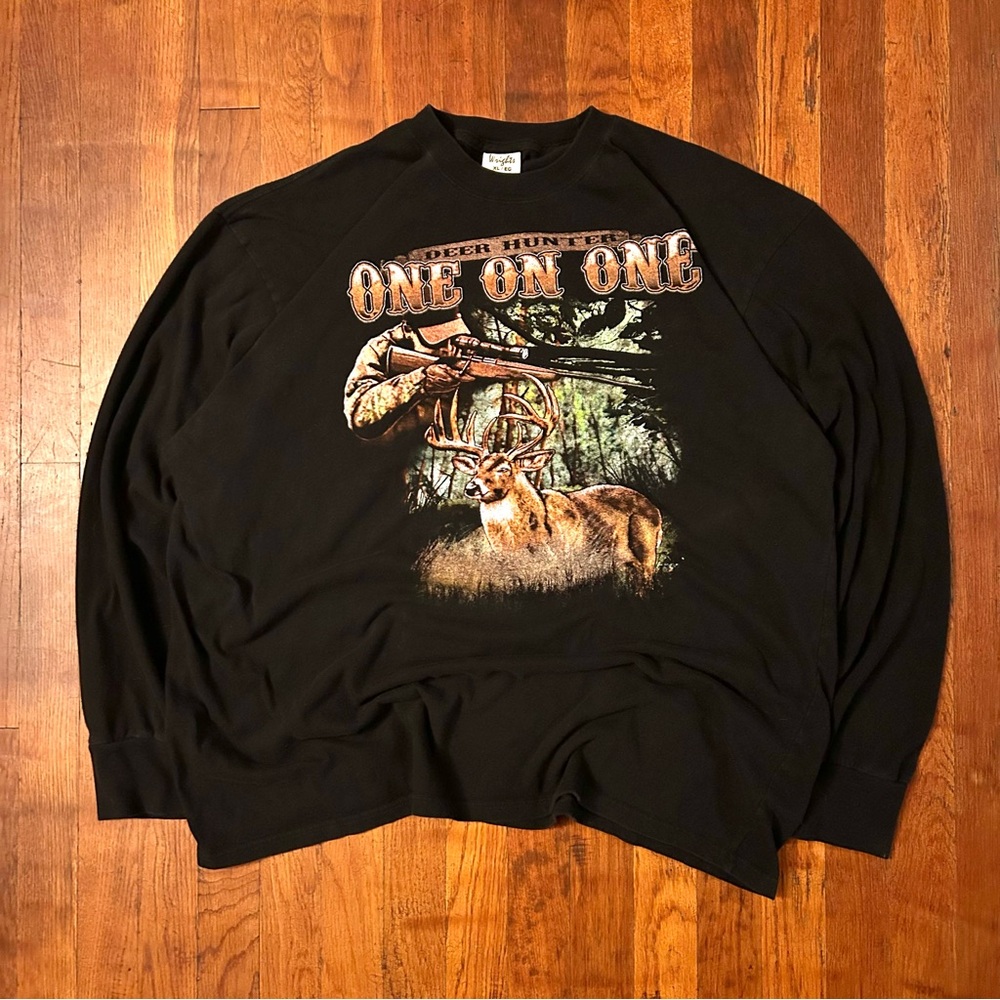 Vintage Nature Animal Hunting One on One Deer Hunter Black Longsleeve Shirt XL